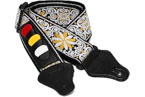 World Rhythm WR-213 Sangle de guitare en coton brodé avec motif floral pour guitare électrique, acoustique, classique et basse avec support de médiator et médiators Jaune