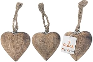 ‎MARZOON 3er Set Herz Anhänger Holz Natur je 5 cm, Massiv Holzherzen zum Hängen Holz-Deko Mitbringsel Hochzeitsdeko Raumdeko