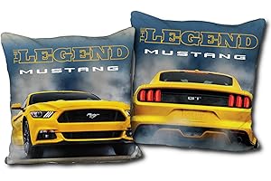 BERONAGE Ford Mustang Kissen Legend Gelb / Blau 40 cm x 40 cm Auto-Kissen Reisekissen Pony US Muscle Car Dekokissen Zierkissen Kopfkissen Polster Shelby GT Stang Fastback Kuschelkissen pass. zur Bettwäsche