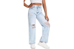 Happy Cherry Jeans Strappati Ragazze Vita Alta Elastica Baggy Casual Gamba Larga Lavato Denim Pantaloni Vintage Blu Pants con Tasche per Bambina 7-14 Anni