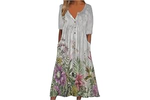 AMhomely Women Dress Sale Summer Printing Causal V-Neck Button Short Sleeve Vacation Pockets Dress UK Ladies Dress Party Elegant Beach Dress Club Cocktail Evening Gowns