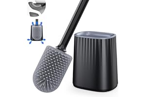 Toilet Brush, Silicone Toilet Brush with Holder Set, Dead Corner Deep Cleaning Loo Brush & Quick Drying Holder & Wall Mounted