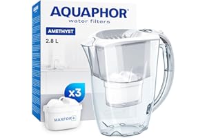 AQUAPHOR Amethyst Fridge Water Filter Jug, Includes 3 x Maxfor+ Cartridges to Reduce Lime, Chlorine & Heavy Metals, Plastic, Volume 2.8 L, White