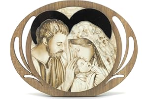 OVUNQUE PROTEGGIMI Moderne Heilige Familie Gemälde in dunklem Holz, 13x18 cm, spirituelle Kunst für Ihr Zuhause, perfekt für eine Atmosphäre der Hingabe und Heiligkeit.