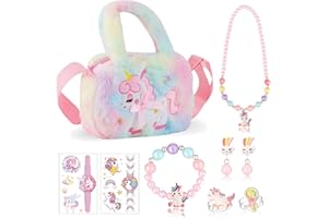 NOJGAC Unicorn Gifts , 9 PCS Unicorn Crossbody Bag Purse Jewelry Set, Rainbow Plush Unicorn Princess Necklace Bracelet Rings Earrings Stickers Handbag Gifts Accessories Jewelry Party Favors (DJS1)