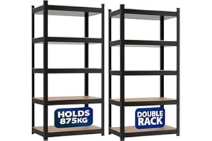 ZENO 5-Tier Garage Shelving Units | Set of 2 Shelving Units | Heavy Duty Garage Shelving | Shelving Unit For Storage | Metal Storage Shelves | Easy To Assemble | 875KG Load Capacity (Black, Regular)