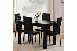 Homullel 110cm Dining Table and 4 Chairs, 4 Seater Kitchen Table and Chairs Set for Space Saving, Compact Dining Room Set for 4, 110x70 cm, Wooden, Walnut Black (4 Seaters, Faux Leather Black)