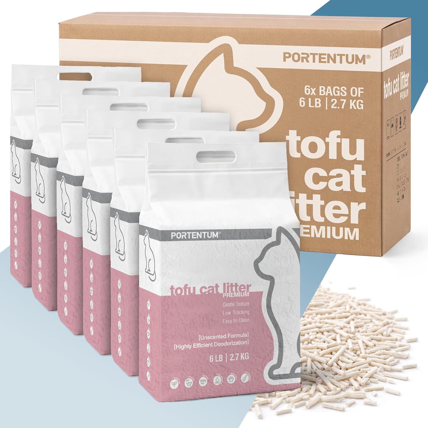PORTENTUM Arena de Tofu para Gatos sin Perfume – 16,2 kg de Arena aglomerante para Gatos con Control de olores y fácil Limpieza – Pellets Vegetales Que no se pegan y Mantienen el arenero Limpio