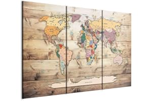 CUADROS B&D XXL B&D XXL - Tableau décoratif Carte du monde 120x80 cm - Impression sur toile colorée - Décoration murale pour salon et chambre - Blanc marron vert - Bois continents cartes monde fond k-C-0035-b-f