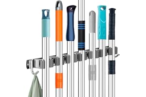 Zosenyer Colgador Escobas y Fregonas, Soporte Escobas Pared de Acero Inoxidable con 7 Soportes y 2 Ganchos, Autoadhesivo Soporte para Herramientas de Jardín para Cocina, Baño, Garaje y Jardín (1)