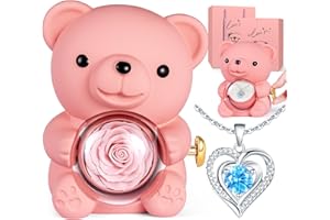 ALOSKART Oso Rosa Eterna con Collar, Osito Rosa Eterna Rojo, Regalo San Valentin Mujer, Regalo Mujer Cumpleaños Mama y Novia Originales, Regalos para Ella Navidad y Aniversario, Oso con Flor Eterna