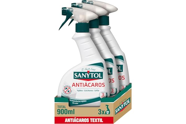 Sanytol - Spray Antiácaros, Mata Ácaros (incluido Sarna) y Chinches en Tejidos no Lavables, Ideal para Colchón, Sofás, Alfombras y Otros Textiles no Lavables - Pack de 3 x 300 ml = 900 ml