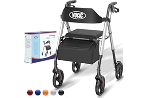 VOCIC deambulatore per anziani 4 ruote,Girello in alluminio leggero con seduta,Rollator pieghevole per alle terrenne, Altezza sedile regolabile,Per esterno e interno,Argento | 5 anni di garanzia