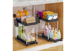 Vihoom 2 Pezzi Organizer Sottolavello Cucina, Organizzatore Cucina a 2 Livelli, Porta Detersivi Salvaspazio con 8 Ganci e 2 Tazza, Organizzatore Sottolavello Cucina per Bagno, Cucine (Nero)