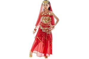 BELLYQUEEN Halloween Déguisement Costume Oriental Belly Dance Costume Accessoires Ensemble Danse du Ventre 7 Pcs Top+Jupe+Ornement de la Tête+Foulard+Bracelets 3-11ans Jaune Rouge