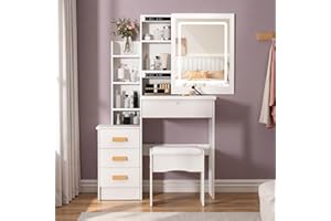 CHICMINE Dressing Table with LED Lights and Adjustable Brightness, Vanity Desk with Mirror, 4 Drawers, 6 Hidden Shelves, and Stool, Makeup Desk for Bedroom, Modern Makeup Table with Mirror and Chair (White)