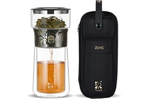 ZENS Cool Glass Teapot with Infuser, Smart One Touch Tea Maker, Loose Tea Infuser Pot with Insulated Cup and Portable Carry Case for Hot Tea Diffusers, Tea Lover Gifts
