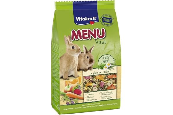 VITAKRAFT - Nourriture Lapin Nain "Menu Vital" - Alimentation Complète Pour Lapin Nain À Base d'Ingrédients Naturels - Recette Spéciale Anti-Odeurs - Sachet Fraîcheur De 2,5 kg