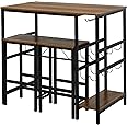 HOMCOM Set Tavolo 2 Sgabelli Alti da Bar in Legno Isola Cucina con Portabottiglie e Portabicchieri in Stile Industriale