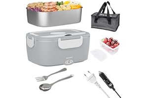 Nulmvic Scaldavivande Elettrico Portatile 75W per Auto Camion e Ufficio 12V/24V/220V - 3 in 1 Lunch Box Elettrico 1,5L Contenitore in Acciaio Inossidabile 304 con Borsa Termica (Grigio)