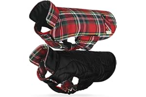 VIVAGLORY Softjoy Dog Coat, Coat & Jacket for Dog Winter & Christmas, Jacket with Harness Hole & Velcro Closure, Reversible Plaid Checkered Warm Fluffy Heavy Duty, M, Red