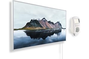 Könighaus Chauffage d’appoint infrarouge avec photo - 600 W + Smart Thermostat connecté & appli Könighaus - Chauffage mural infrarouge économe avec motif - Cadre blanc (03. Montagne et lac)
