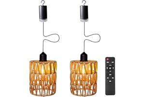CALENXY 2 Stück Rattan Hängelampe Außen Innen Hängeleuchte Boho Batteriebetriebene Lampe Hängeleuchte Ohne Stromanschluss Tragbare Korb Lampenschirm Pendelleuchte für Innen Außen Garten