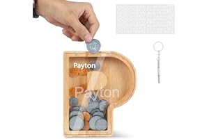 DONJIM Personalized Wooden Money Box, 7" Letter Piggy Bank, Clear Money Gift Box, Detachable Money Jar, with DIY Alphabet Stickers and Screwdriver, Alphabet P Money Tin