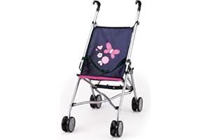 Bayer Design 30113AA Puppenbuggy, Puppenwagen, Doppelräder, Gurt, leicht faltbar, aus Metall, Blau/Pink