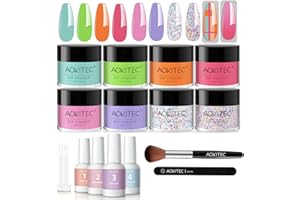 Aokitec Kit de iniciación de polvo de inmersión de uñas de 8 colores brillantes, polvo acrílico rosa y naranja con base de inmersión superior activador de cepillo para principiantes de arte de uñas
