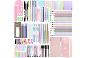 Focxoio 146PCS Aesthetic Stationery Supplies with Pen Case & Notebook,12 Pastel Highlighters,3 Erasable Pens,5 Multicolor Pen,5 Gel Pen,9 Mechanical Pencil Stationery Set for Students School Supplies