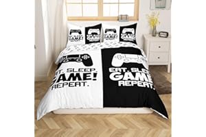 Loussiesd Set di biancheria da letto da gioco per giocatori, copripiumino per bambini, ragazzi, ragazze, bianco, nero, per coppie, copriletto, con 1 federa, 2 pezzi, per letto 135x200cm