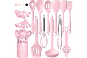 TERLULU Silikon Küchenhelfer Set, 22 Stück Kochutensilien Kochgeschirr, Hitzebeständiger Kochbesteck Set mit Utensilienhalter, Gesund & Antihaft, Spülmaschinengeeigne - Rosa