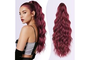 JIAMEISI Claw Clip Ponytail Hair Extensions 18 Inch Ponytail Extension Long Curly Wavy Jaw Clip in Pony Tails Extension Synthetic Fluffy Hairpiece for Women Girls Daily Use Party (Wine Red)