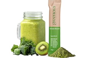 GREENORA Polvere di Spirulina, Spinaci, Zenzero, Cavolo Riccio, Mango e Kiwi per Smoothie. Frutta e Verdura Liofilizzata 100% Naturale. Vegan. 5x24g