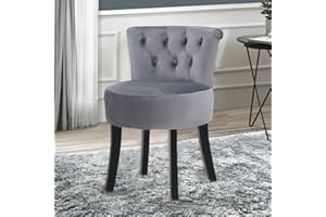 Warmiehomy Makeup Vanity Chair Bedroom Dressing Table Chair Stool Comfy Velvet Make Up Stool with Solid Wood Legs and Tufted Back, Grey