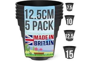Happy Pots - 12.5cm Gloss Black - Pack of 5 Premium Plastic Plant Pots - Reusable Flower Pots for Indoor/Outdoor Home Décor Gardening - Round, Heavy Duty, UV Resistant, Recyclable - Made in UK