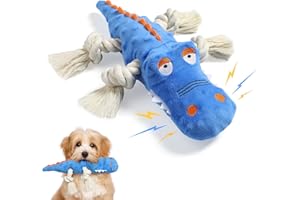 Pawaboo Plush Dog Toys, Durable Dog Chew Toys with Squeaky & Cotton Rope for Teeth Cleaning and Training, Interactive Crocodile Shaped Dog Toy, Soft Stuffed Chew Pet Toy for Puppy Medium Dog, Blue