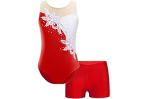 ranrann Enfant Fille Justaucorps Gymnastique sans Manche Strass Paillette Brillant avec Short Tenue Patinage Danse Costume Spectacle 5-16 Ans