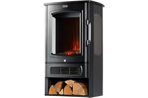 LIVIVO Electric Stove Heater Fireplace with Log Effect, 2000W, Independent Light and Heat Controls, Automatic Safety Cut-Out, Wide Panoramic Viewing Angle, Log Storage Compartment