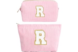 HAMATATA 2 Pièces Sac à Cosmétiques Rose en Velours Côtelé avec Initiales, Pochette Cosmétique Grande Capacité Trousse de Toilette de Voyage Femmes Filles Cadeaux d'anniversaire Noël Sac de Rangement(R)