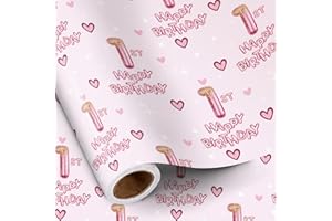 RUSPEPA 1st Birthday Wrapping Paper Girls, Hearts and Pink Number 1 Balloons Happy Birthday Design, Mini Roll, 43.2cm x 5m