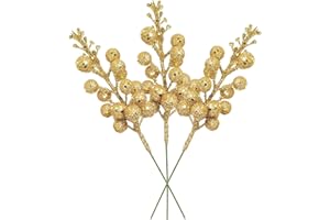 YUNSTK 12Pcs Christmas Glitter Berries Stems, 7.9Inch Gold Berries Christmas Picks, Artificial Holly Berry Twig for Christmas Tree Decoration Xmas Garland Wreath Making DIY Craft Holiday Home Ornament