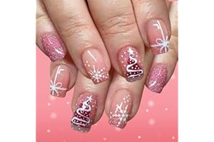 MAGGIDEA Pink Glitter Press on Nails Short, 24Pcs Christmas French Tip False Nails with Glue, Square Fake Nails with Snowflake Xmas Tree Design, Full Cover Nail Art Stick on Nails for Women