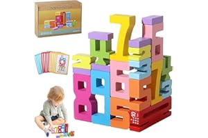 TBLMPNE Wooden Number Blocks for Kids (20 Blocks + 15 Cards) – Montessori Math & ABC Learning Toys, Natural Wood 123 Stacking Set – STEM Educational Gift for Ages 3-6