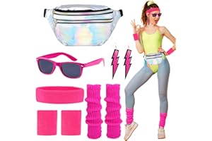 SACEMONTIC 80er Jahre Outfit Damen Kostüm Zubehör Neon, 90er Jahre Silberne Bauchtasche Neon-Stirnband Armbänder Beinwärmer Ohrring Brille, 80er Karneval Kostüm Set Damen Frauen Mädchen für Thema Party Zubehör