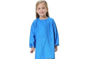 YUNDXI Baumwolle Malkittel Kinder, Taschenschürze mit Langen Ärmeln, abwaschbar Kinderschürze, Bastelkittel für Kinder, Kunstkittel für Malen Kochen Backen (Medium,Blau)