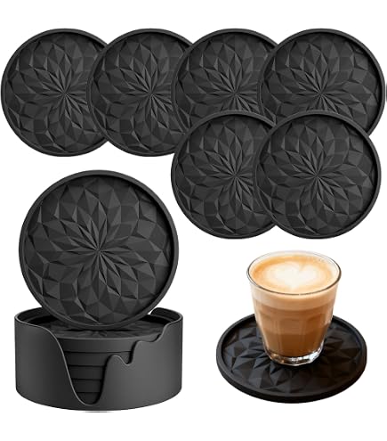 Lot De 8 Dessous De Verre En Silicone Noir - Antidérapants, Lavables Au Lave-vaisselle, 10x10 Cm, Pour Tasses Et Verres