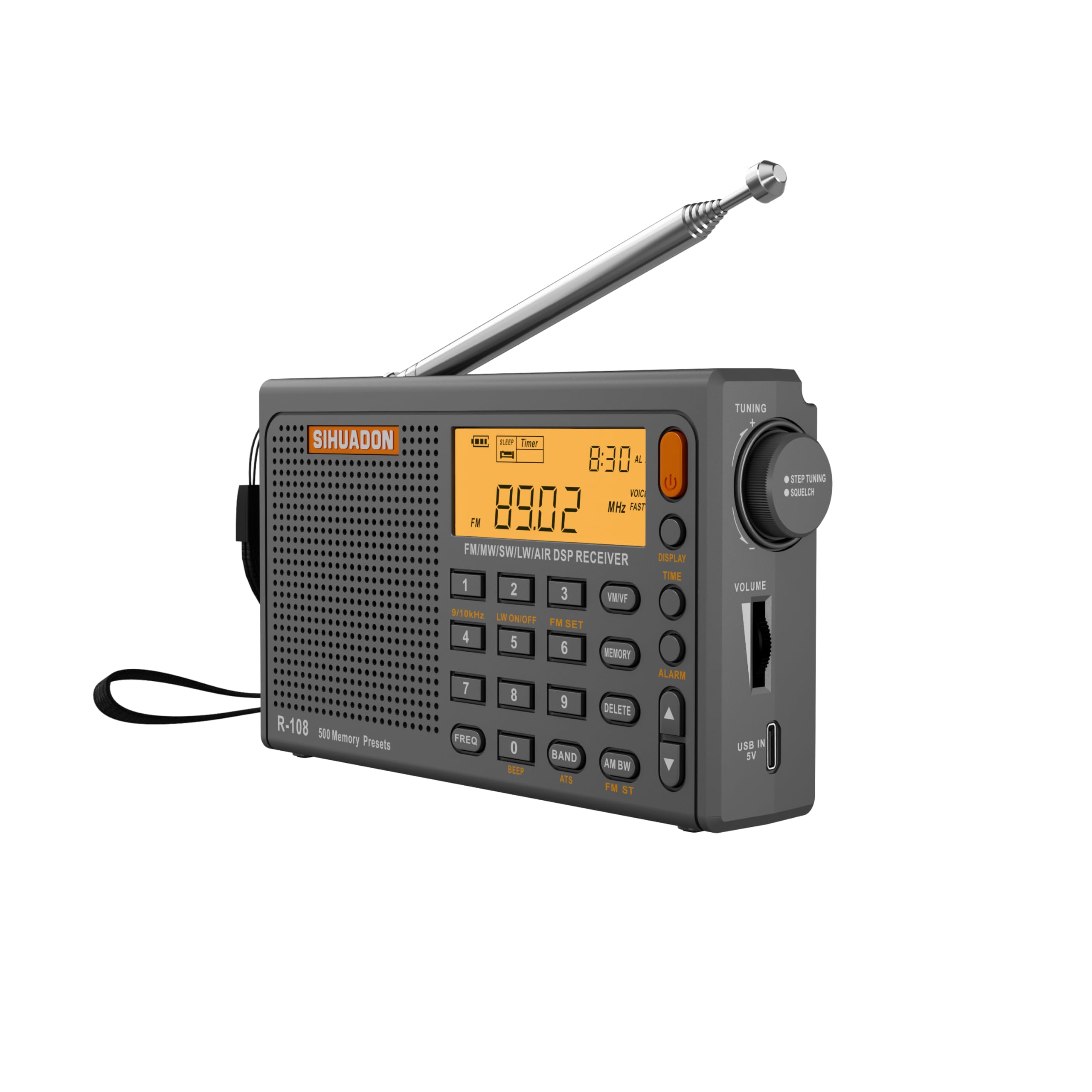 SIHUADON R108 Shortwave AM FM Radio LW MW AIR Band DSP Full Band Portable Radio Battery Operated with Sleep Timer Alarm Clock 500 Memories preset Stations for Family by RADIWOW (Grey)