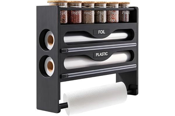 Plastfoliedispenser trä, 35,6 × 28,4 × 8 cm foliedispenser med skärare, 3-i-1 plastfoliedispenser, väggrullshållare, kök, 3-i-1 för väggmontering, trä